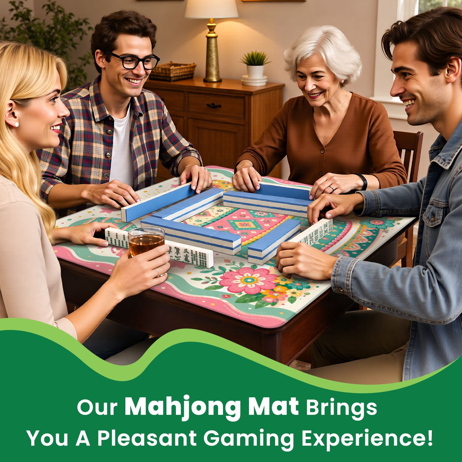 Mahjong Mat 31.5" x 31.5" Colorful Festive Birthday Cake Balloons Stars Non-Slip Noise Reduction Mahjong Tiles Table Cover for Dominoes Poker Card Board and Tile Games