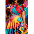 thumbnail image 4 of Plus Size Multicolor Abstract Print Satin Dress, High Neck Puff Sleeve Fit-and-Flare Ruffled Hem Cocktail Party Gown, 4 of 6