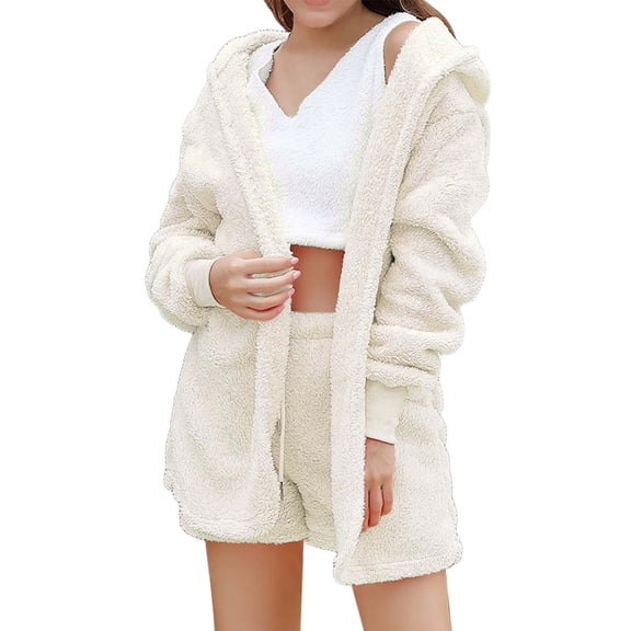 3 Piece Lounge Sets and Women, Hugcore Women's Fuzzy 3 Piece Warm Outfit Fleece Warm Crop Top Shorts Pajamas Loungewear Sets Warm Pj Set Women's Lounge Beige L