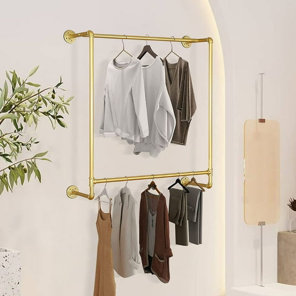 Miumaeov Golden Industrial Iron Pipe Clothing Rack Wall Mounted, Modern Metal Clothing Store Display Stands for Retail Display