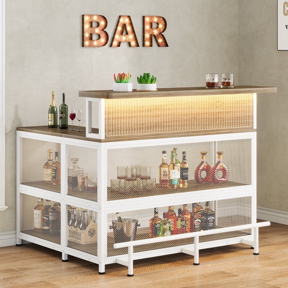 3-Tier Home Bar Unit, L-shaped Wine Bar with LED Lights, Modern Bar Table with Wine Glasses Holder, White