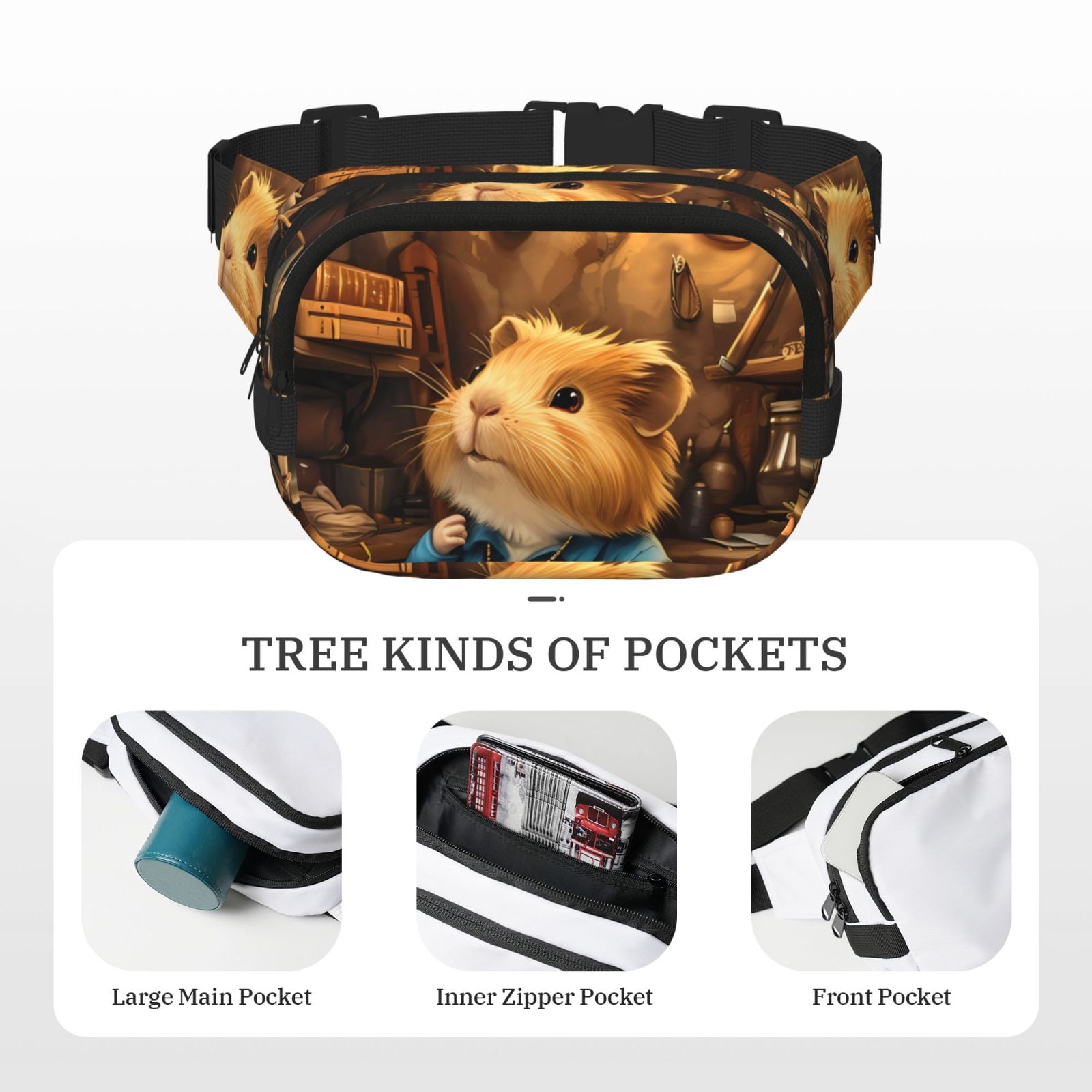 Picia Scientist Guinea Pig Print Square Double-Layer Waist Bag Mini Adjustable Waist Belt Bag Exercise Running Travel Hiking