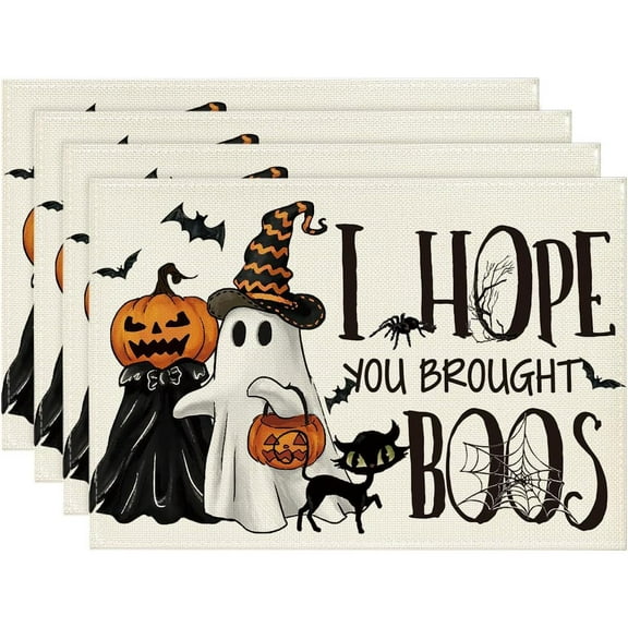 ​​​​​Halloween Ghost Pumpkins Placemat Set of 4 Cat Boo Tree Kitchen Table Placemats Set of 4 12 x18 Inches Fall Seasonal Dining Table Mats Indoor for Kitchen Table Washable