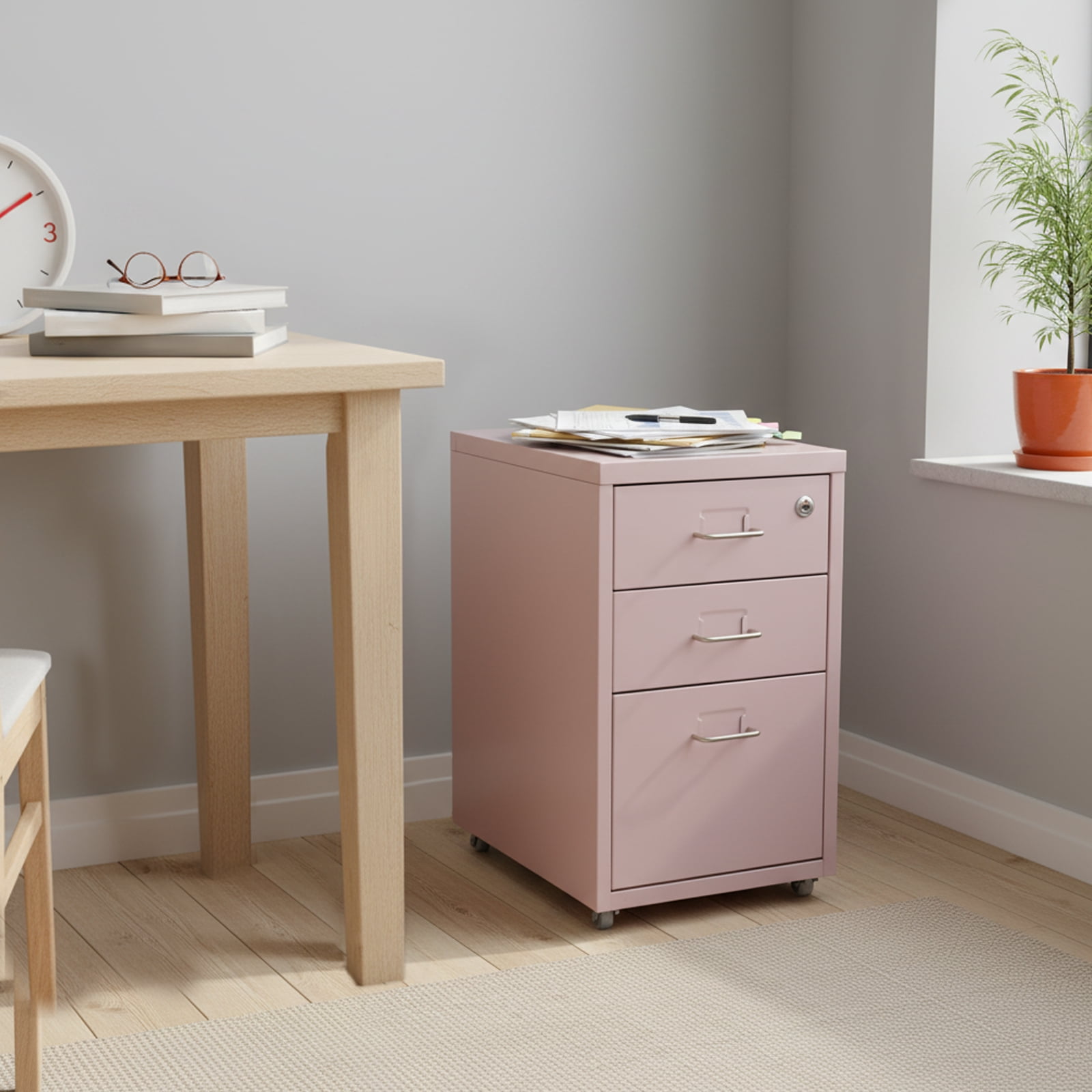 Pink 3 Tiers Metal Mobile File Cabinet Modern Vertical File Cabinet With Lock