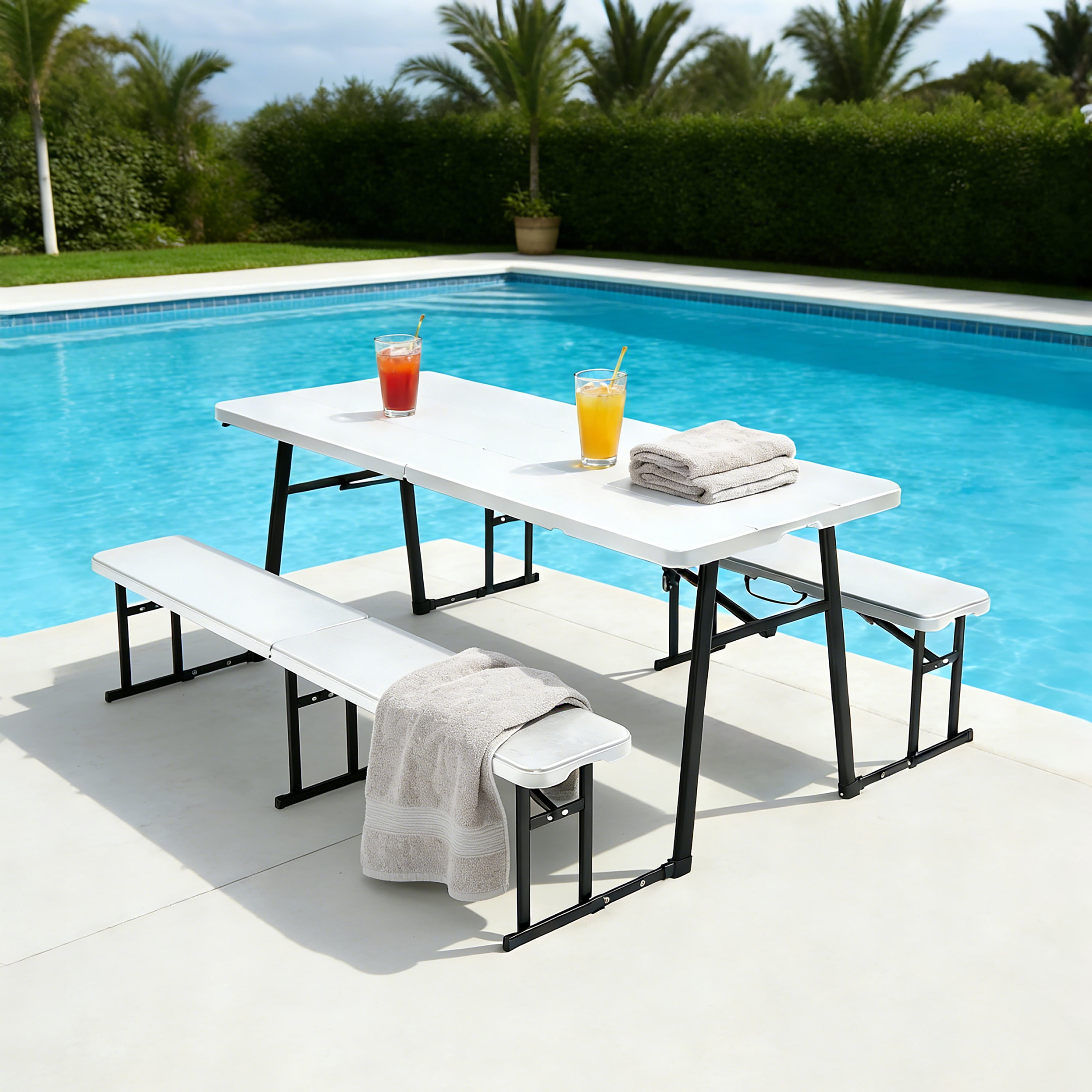 Living and More 3-Piece Picnic Table Set, 6 Foot Polyethylene Folding Table with 2 Folding Benches, Weather Resistant, Indoor Outdoor, White Wood Finish with Black Legs