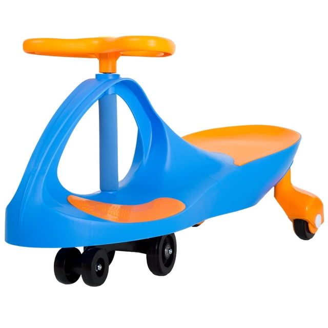 wiggle car ride on toy - easy-to-use kid car for ages 3 years and up with no batteries, gears, or pedals by lil rider (blue/orange), large,yellow / black Vista 3/4 frontal de coche montable Lil' Rider azul y naranja con volante en T naranja, plataforma de pies texturizada, asiento moldeado en el chasis, cuatro ruedas delanteras negras y rueda trasera giratoria; plástico duradero, medidas 30" x 13.5" x 16" (76 x 34 x 41 cm), para superficies lisas y ayuda a desarrollar equilibrio y coordinación; también suele usarse para circuitos de juego guiados en interiores.