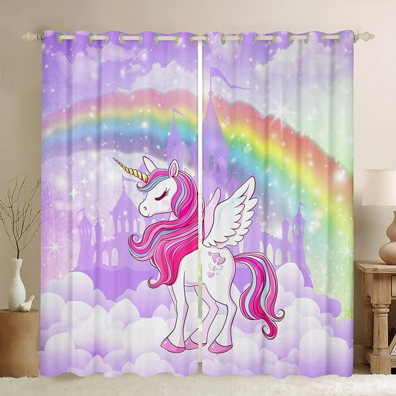 Erosebridal Chic Unicorn Curtains and Drapes(38x45),Cartoon Rainbow Blackout Curtains for Bedroom,Fairy Castle Silhouette Curtains Pack of 2(38x45) For Girls,Breathable Room Decoration