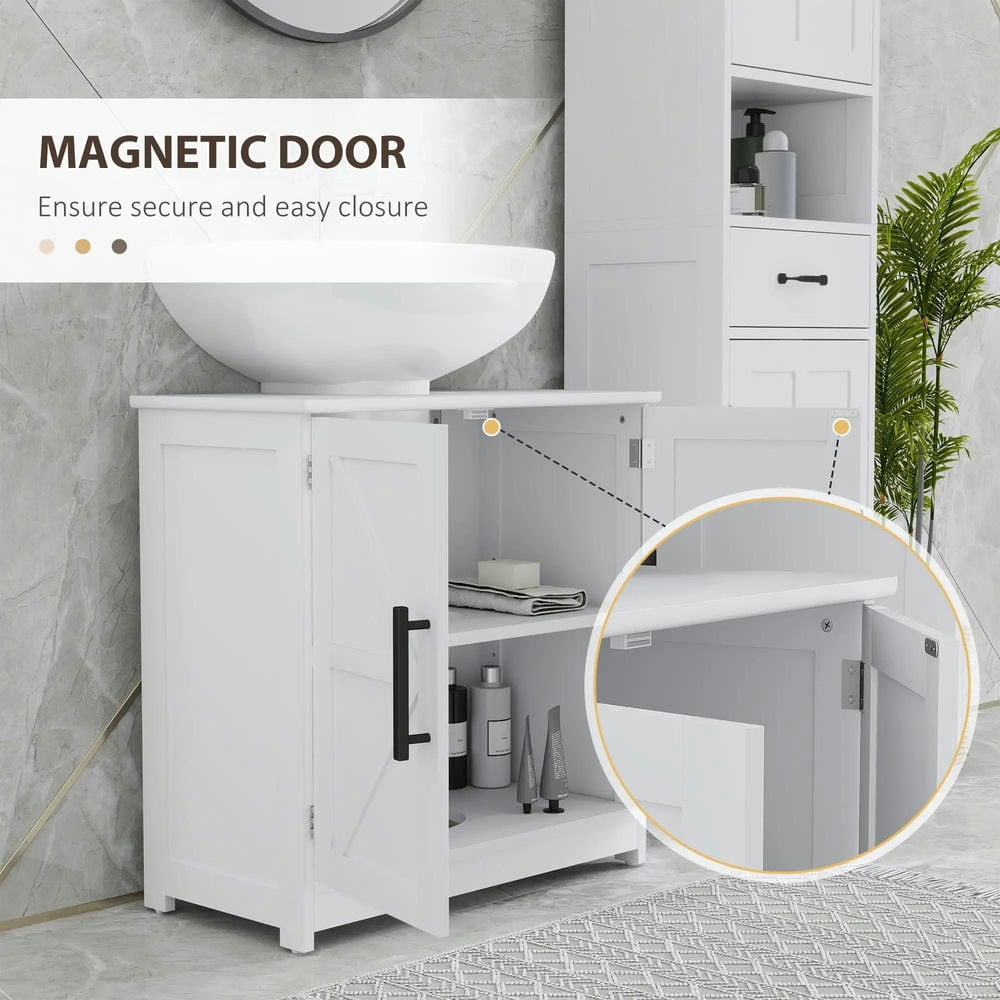 GVN Bathroom Storage Cabinet, Bathroom Floor Cabinet,Bathroom Sink Cabinet with 2 Barn Doors and Adjustable Shelf, White