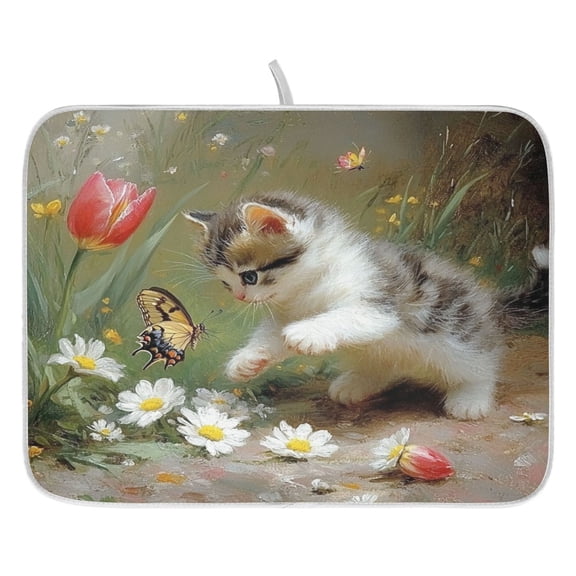 Playing Cats Dish Drying Mat for Kitchen, Quick Drying Absorbent Soft Durable 16" x 18"