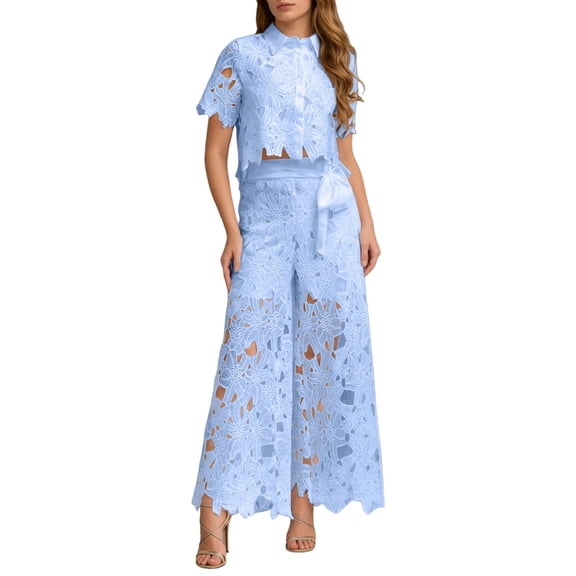 Womens Summer Clothes Sets Two Piece Outfits For Lapel Hollow Out Lace Vest Pants Floral Sleeveless Cropped Vest And Wide Leg Pants Set
