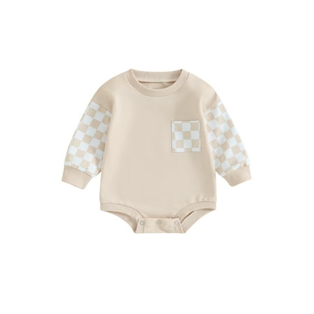 

Meihuid Baby Autumn Long Sleeve Crewneck Plaid Print Contrast Color Romper