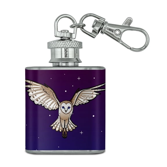 Barn Owl Flying in Night Sky Stainless Steel 1oz Mini Flask Key Chain