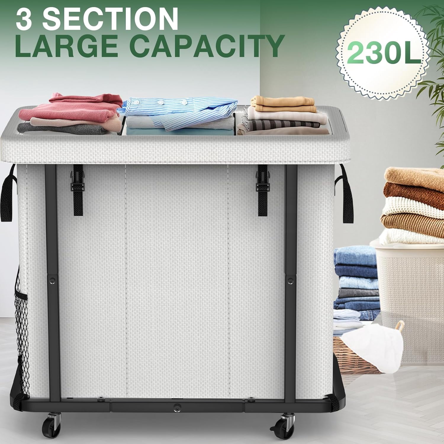 60 Gal(230L) High Grade Large Laundry Basket with Wheels, Rolling Laundry Hamper, Laundry Cart with Metal Frame and Removable Bag Design, Suitable for Laundry Room,Bedroom (White, 3 Section 230L)