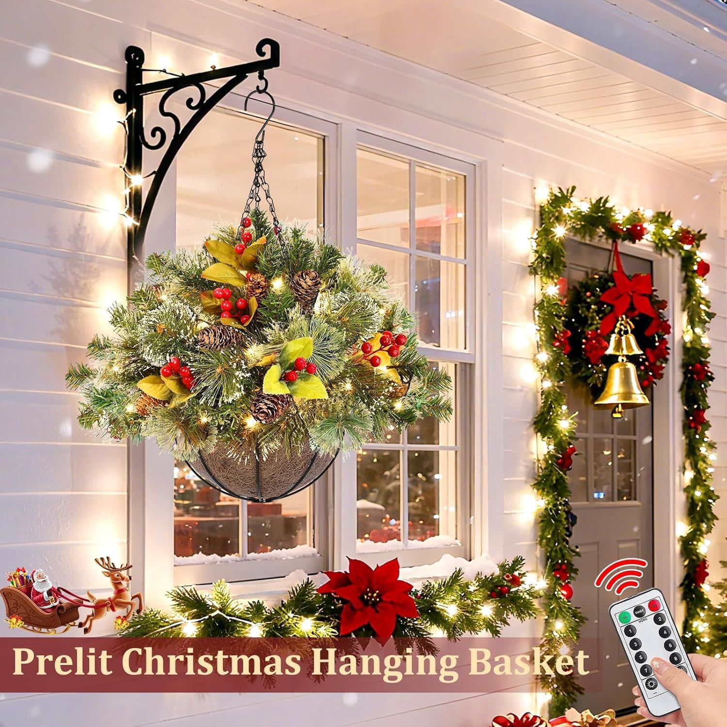 20 Inch Christmas Hanging Basket Decorations with 30LED Warm White & Multicolored Light, Remote Control, 8 Mode, Timer, Lifelike Scots Pine Bristles Hanging Christmas Decor