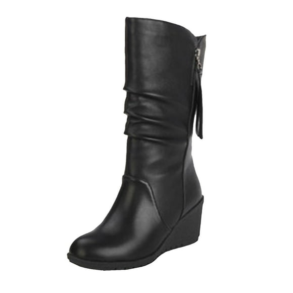 jovati Women Ankle Boots High Heel Casual Female Fashion Platform Wedge Heel Zip Mid-Calf Black Shoes