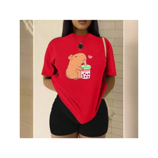 Playera Blusa De Capybara Tomando Refresco Ropa Divertida Para Mujer Capibara Color Rojo Talla Mediana Marca Emil SaEs