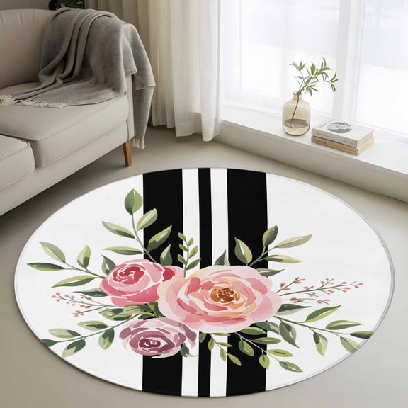 Small Round Rug 3Ft Washable Non-Slip, Pink Flowers Circle Area Rugs for Living Room Bedroom, Romantic Floral Leaves Black Striped Indoor Floor Mats Carpet Runner for Home Decor
