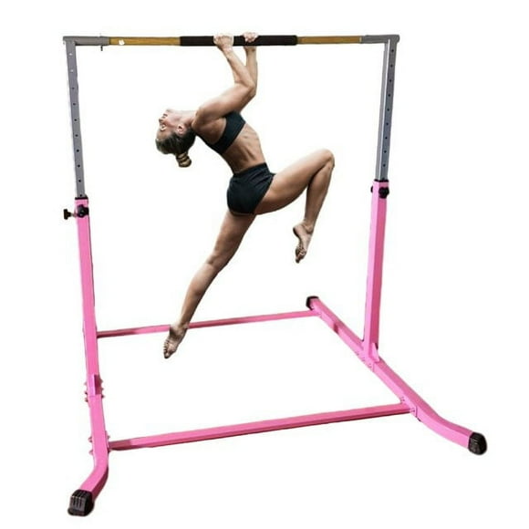 GymPros Expandable Gymnastics Kip Bar for Kids and Teens, Horizontal Bar Athletic Junior Gymnastic Training Bar Asymmetric Bar Height Adjustable 3 to 5 FT Cushioned Handrail & Curved Legs (Pink)