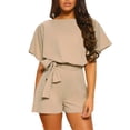 thumbnail image 1 of Combinaison Courte pour Femmes à Manches Courtes, Col Rond, Unie, à Bretelles, Ceinturée, Jambe Grand, Coupe Ample, Pantalon, Barboteuse, 1 of 9