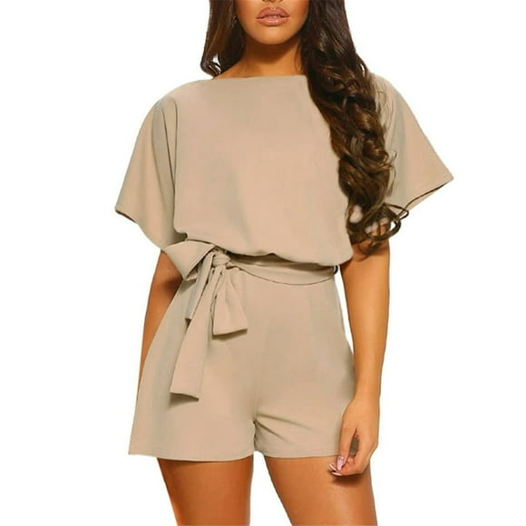 Womens Short Sleeve O-Neck Short Jumpsuit Solid Strappy Belted Wide Leg Loose fit Pants Playsuit