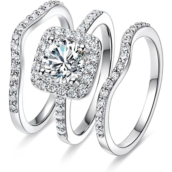 Cushion Cut Halo Engagement Ring Set 3PCS Curved Stackable Wedding Band Bridal Ring Set for Women-6th