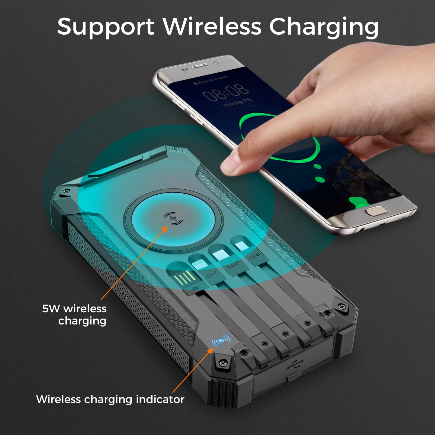 Alpha Digital Solar Power Bank, Wireless Charging, 20000mAh, Built-in Cables, IP65 Waterproof, Digital Display