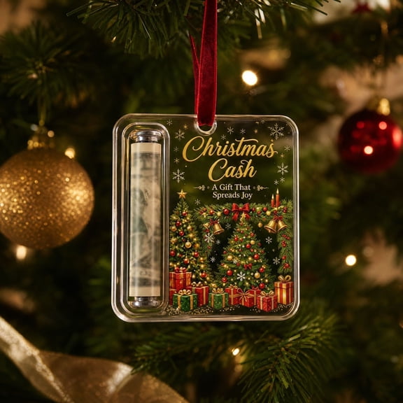 Christmas Cash Gift Ornament, Clear Acrylic Money Holder with Built-in Slot for Bills and Cards, Hanging Tree Decor, Creative Surprise Gift for Family, Friends and Coworkers