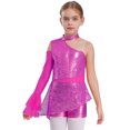thumbnail image 2 of TiaoBug Big Girls' Sequins Peplum Top One Shoulder Long Sleeve Gymnastics Leotard Hip Hop Jazz Dance Bodysuit Hot Pink 10, 2 of 6
