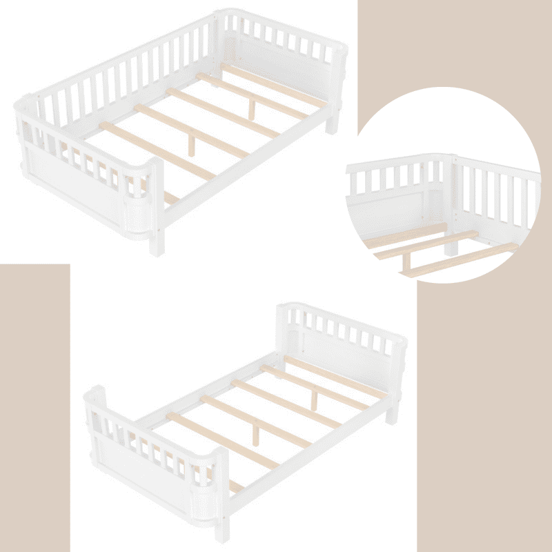 Bellemave Twin Size Bed Frame, Twin Montessori Bed with Safety Guardrails and Detachable Fence, Wood Platform Bed Twin Daybed Frame, Low Profile & Rounded Corners Design, White