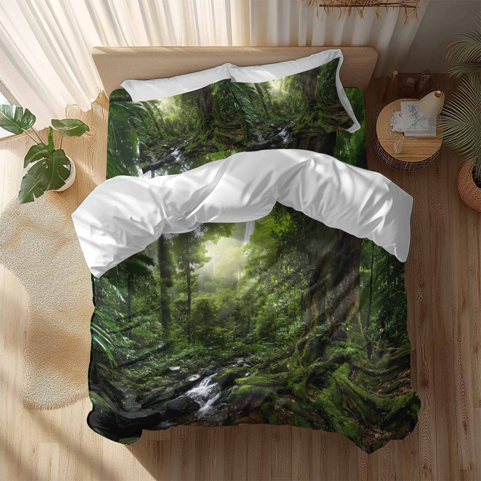 Forest Queen Duvet Cover Set, Landscapes Tree Streams 4 Piece Microfiber Bedding Set with Zipper Closure, Bed Sheet and 2 Pillow Shams, Soft Bedding Cover
