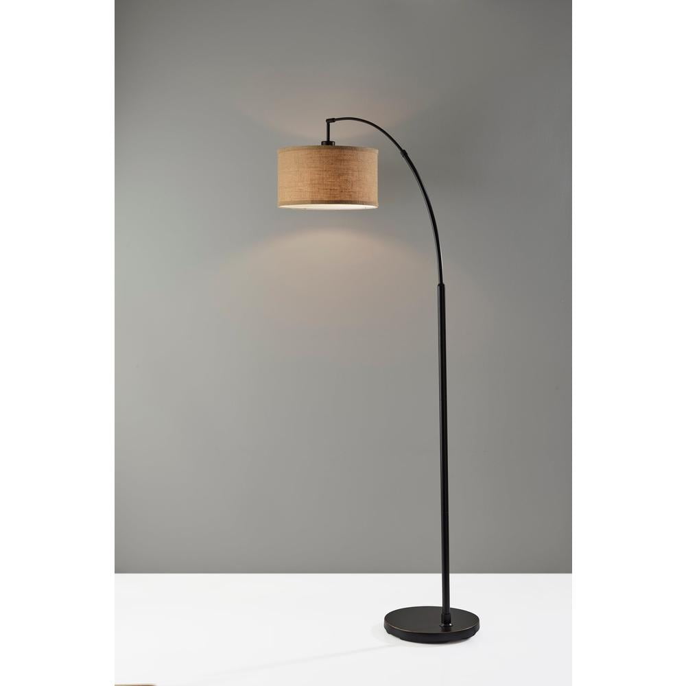 Adesso 68” Traditional Rotary Switch Antique Bronze Arc Floor Lamp with Burlap Drum Shades
