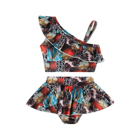 

Canrulo Toddler Baby Girls Swimsuit Cow Floral Print One Shoulder Crop Tops Tutu Skirt Tow Pieces Tankini Style B 3-4 Years
