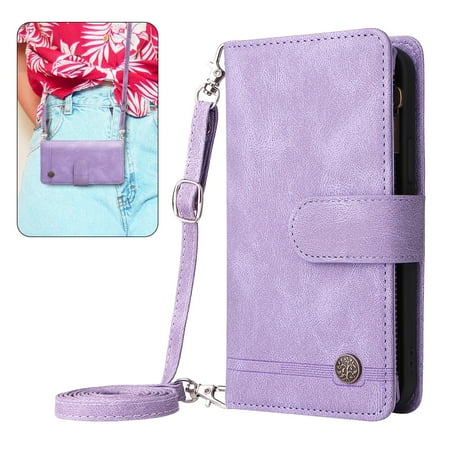 Dteck for Samsung Galaxy A23 5G Wallet Case with Card Holder, Soft PU Leather Handbag Purse Zipper Pocket Card Holder Wallet for Women Men, Crossbody Wallet Phone Case with Strap, Purple
