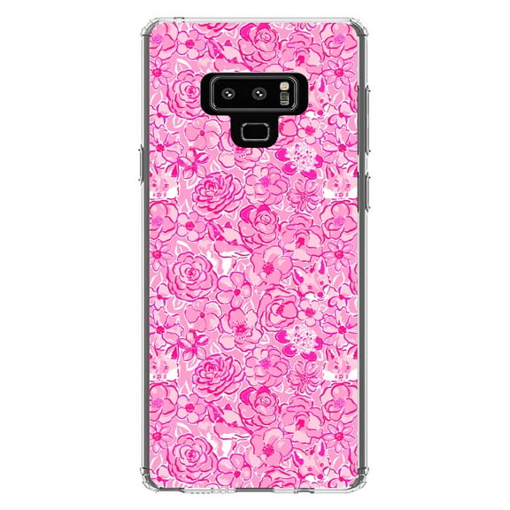 DistinctInk Clear Shockproof Hybrid Case for Samsung Galaxy Note 9 - TPU Bumper, Acrylic Back, Tempered Glass Screen Protector - Preppy Pattern - Pink & White Flowers Floral
