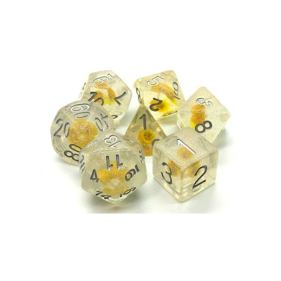 Old School Dice & Accessories Poly Set Iridescent Yellow Flower w/Silver (7) New