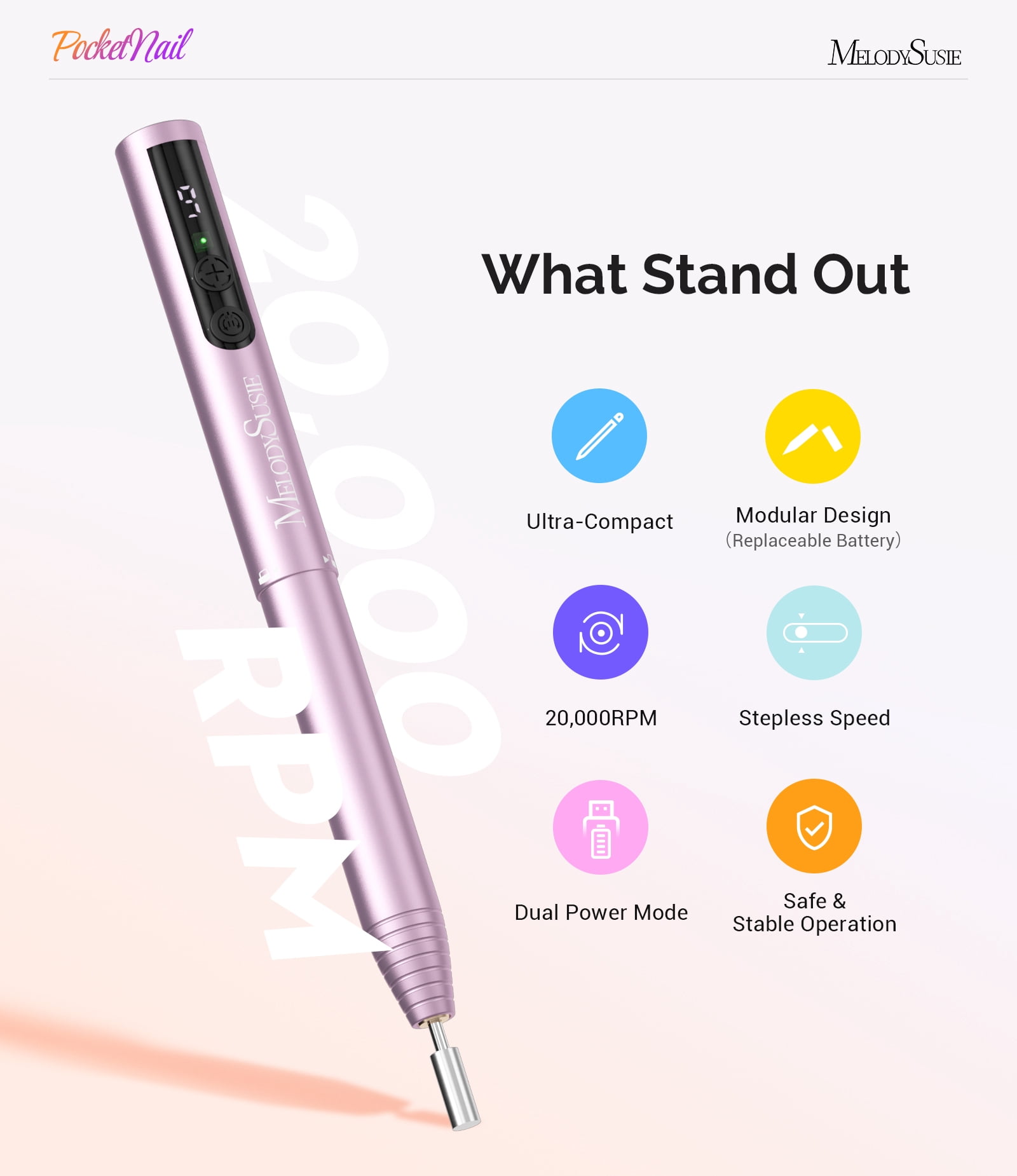 MelodySusie Portable Rechargeable Nail Drill, 20000 RPM PC100GR Pocket Nail File kit with Drill Bits & Sanding Bands, Rose Gold
