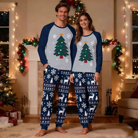 REORIAFEE Christmas Pajama Sets 2 Piece Loungewear Long Sleeve Top and Pant Christmas Tree Graphic Soft Sleepwear Navy S-2XL