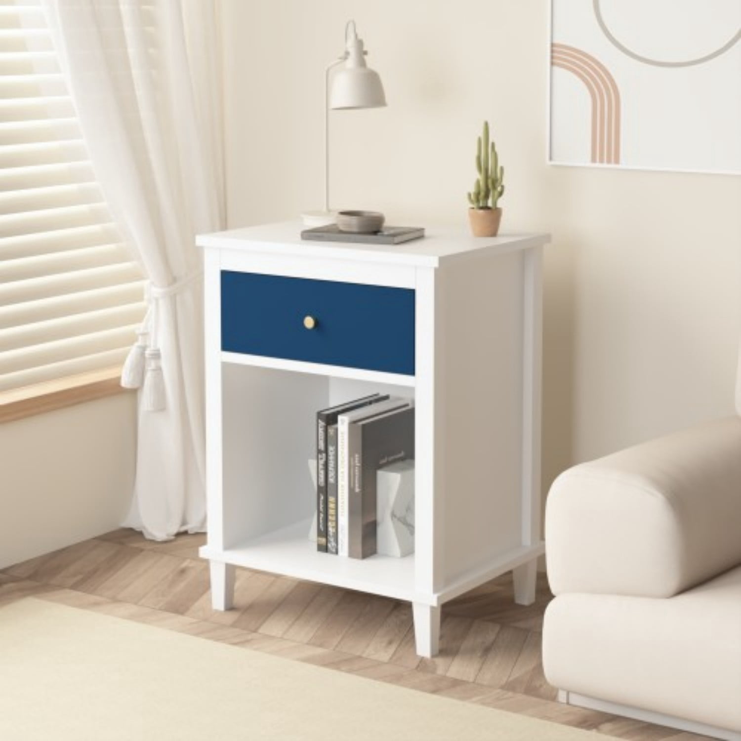 26.77" Wooden Nightstand with Drawer and Open Shelf, Modern Bedside Table for Kids & Adults, MDF End Table with Silver Handle, White+Navy