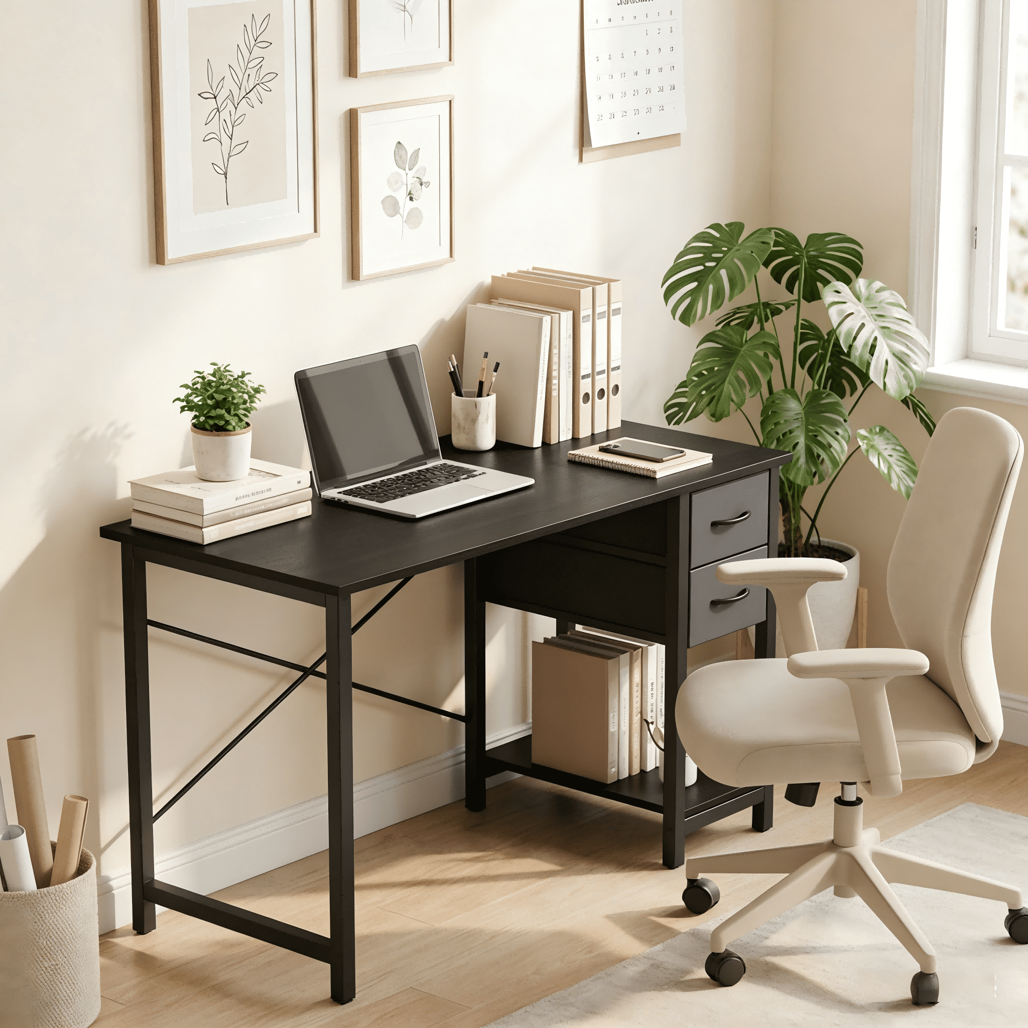 Atilioo 40" Computer Desk, PC Table with 2 Fabric Drawers & Headphone Hook, Sturdy Metal Frame, Easy Assembly for Home Office, Black