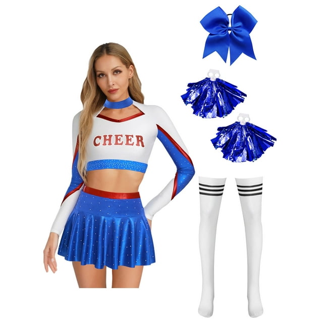 Yhong Costume de Cheerleading pour Femmes 5 Pcs Uniforme de Cheer Lycée Tenue de Déguisement Cheer Leader Bleu Royal TG