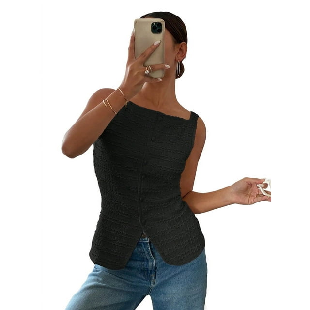 Womens Vest Top Trendy Button Up Tank Tops Asymmetrical Y2k Going Out Top Black L