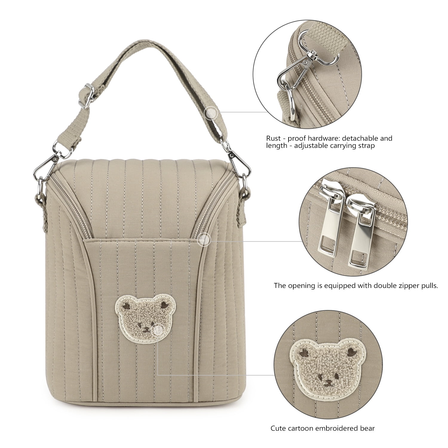 Baby Bottle Insulated Bag, Portable Breastmilk Cooler Bag with Aluminum Foil Liner, Fits 2×9 oz Bottles, Stroller-Attachable Canvas Milk Storage Bag with With detachable carrying handle for Mom Baby