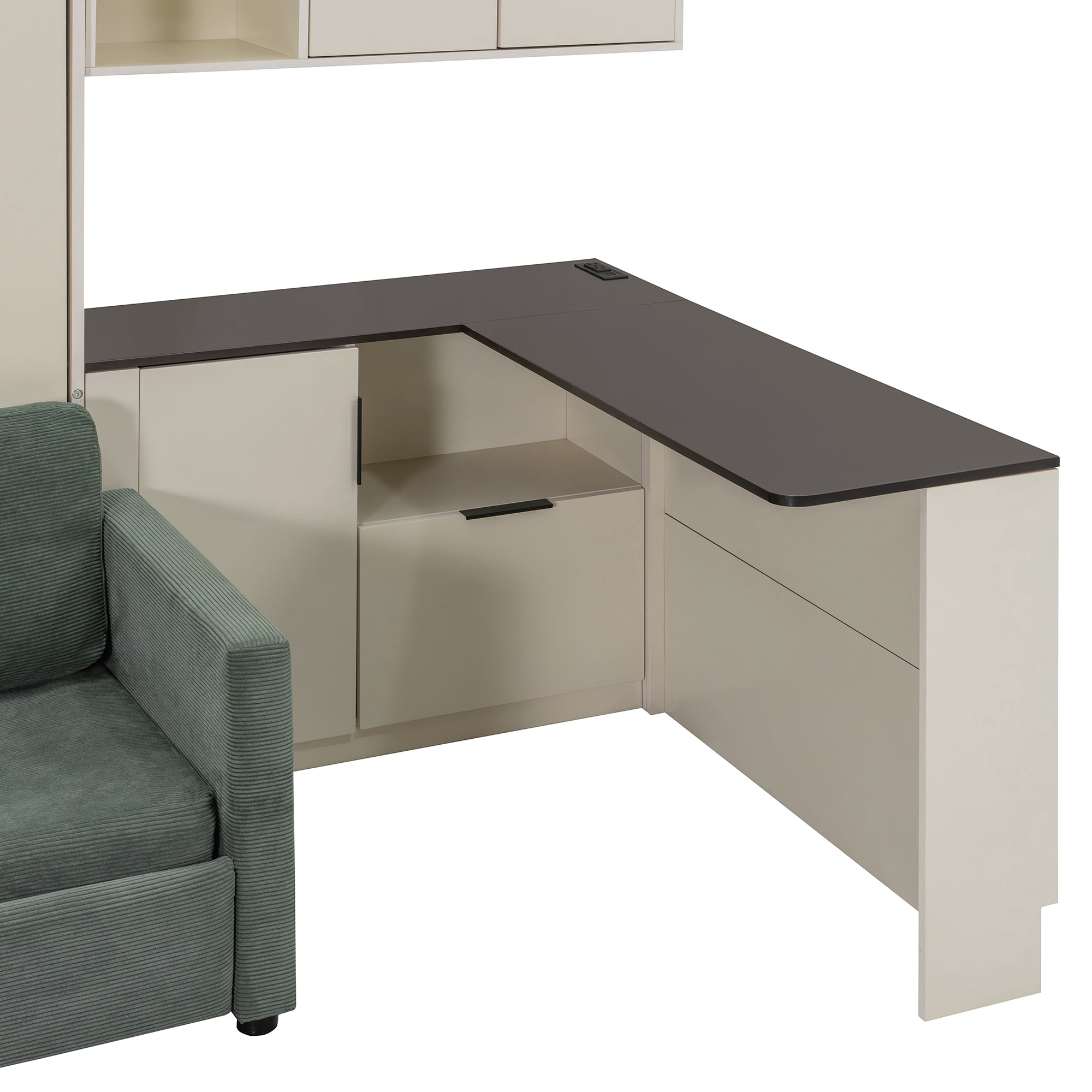 Queen Size Murphy Bed with Sofa, Writing Desk, Storage Shelves & Drawers, LED and USB for Small Space, Guest Room
