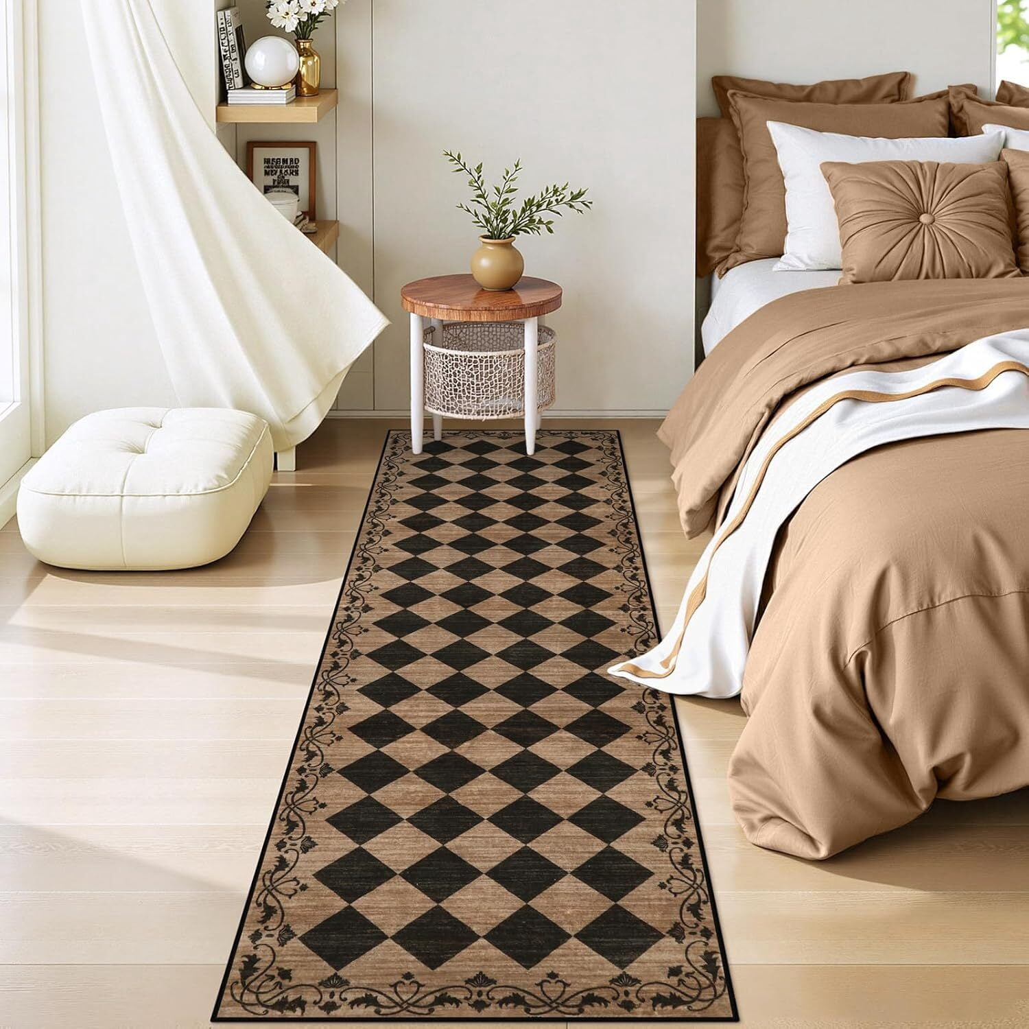 RUG ROBOT 2.5' x 8' Runner Rug for Hallway, Non Slip Washable Checkered Rug for Kitchen, Brown Neutral Bathroom Home Decor Plaid Diamond Low Pile Print Carpet for Entryway Bedroom Laundry