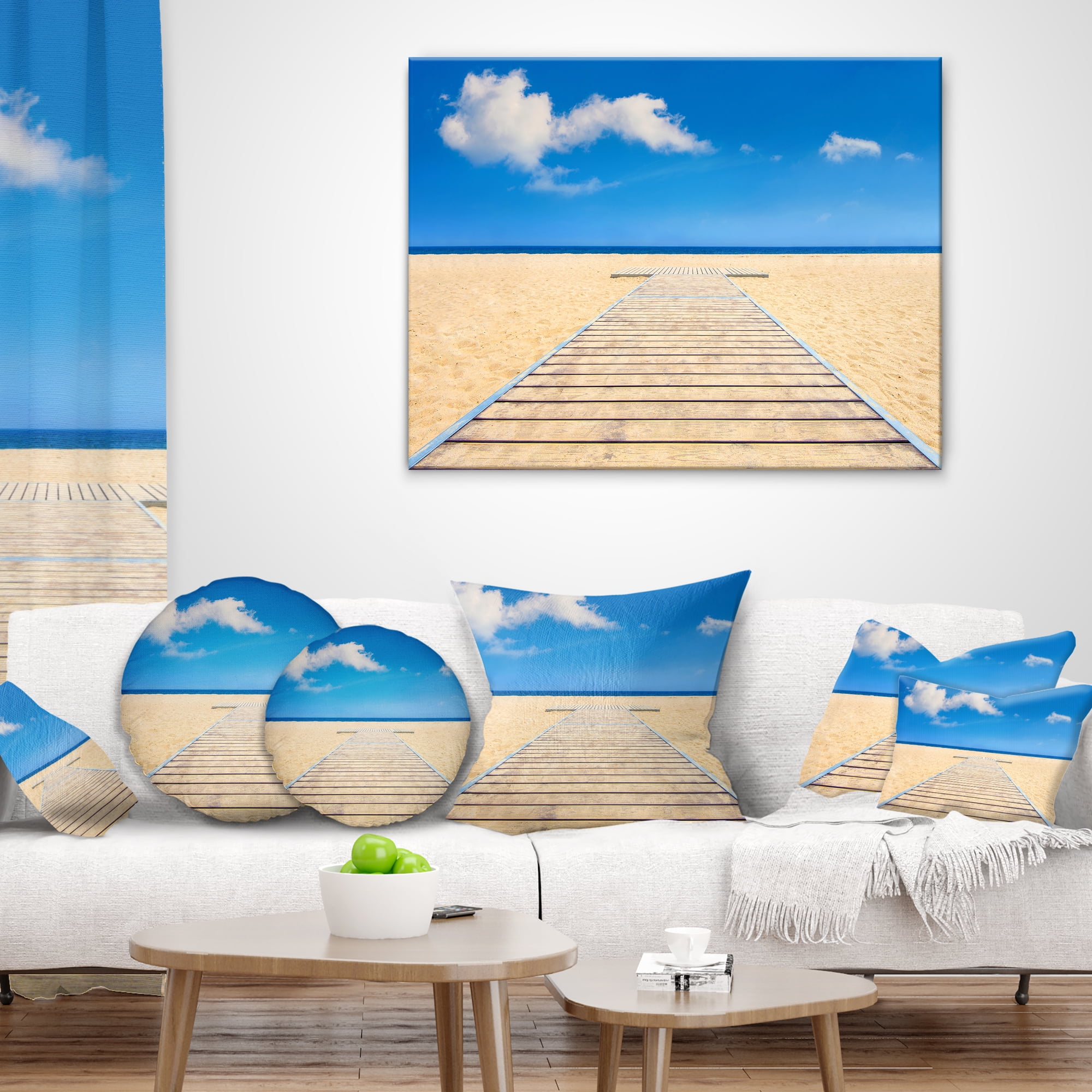 Designart Beach and Sea with Wooden Floor - Blue - Seashore Throw Pillow - 12x20