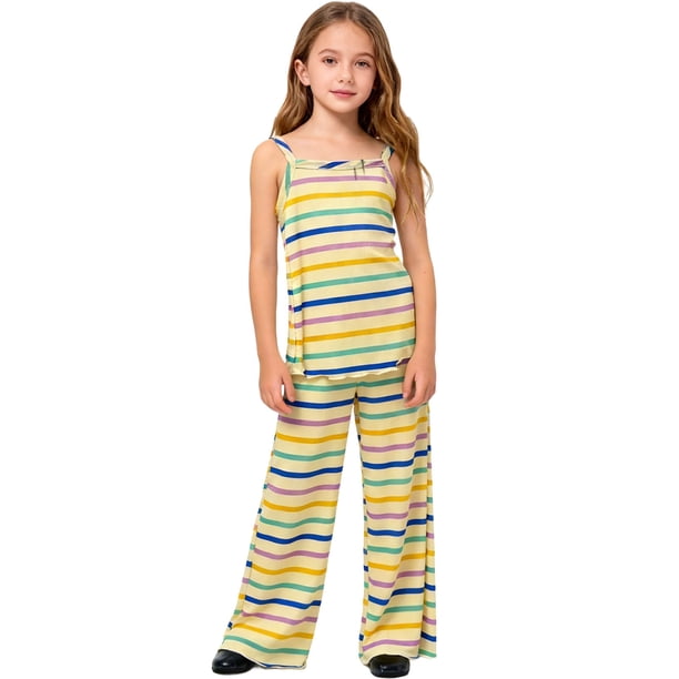 Conjuntos de camiseta sin mangas con cuello redondo para niños, camiseta sin mangas con botones a rayas y pantalones acampanados, conjunto de dos piezas para niños, camiseta de poliéster para niños