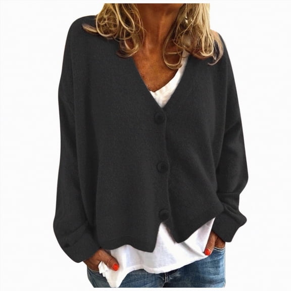 Towmus Cardigan Sweaters for Women Long Sleeve Open Front Button Down V Neck Soild Color Knit Cardigans Tops Outwear
