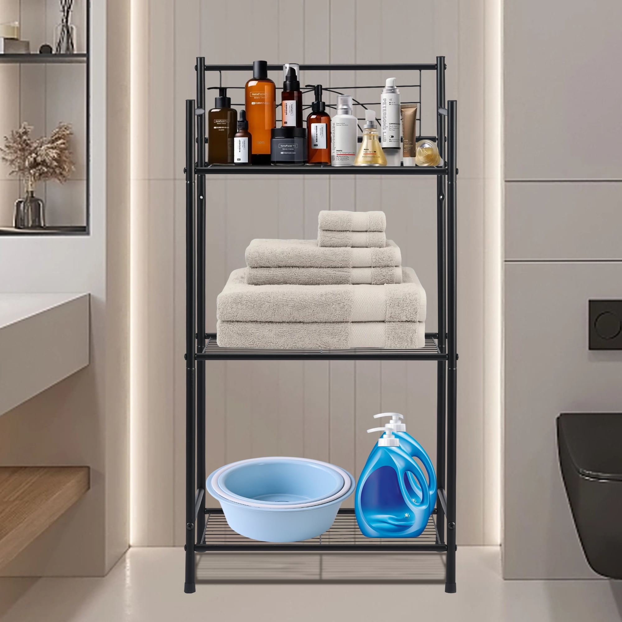 OUTMASTER 3-Tier Bathroom Shelf, Narrow Metal Floor Storage Stand for Bathroom & Kitchen