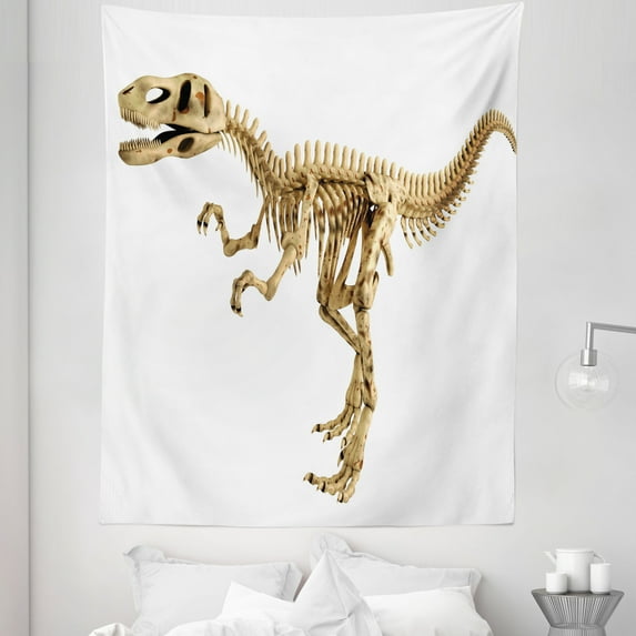 Dinosaur Tapestry, Fossil Dino Skeleton Bones Realistic Image Dangerous Dead Extinct Reptile, Fabric Wall Hanging Decor for Bedroom Living Room Dorm, 5 Sizes, Pale Brown White, by Ambesonne