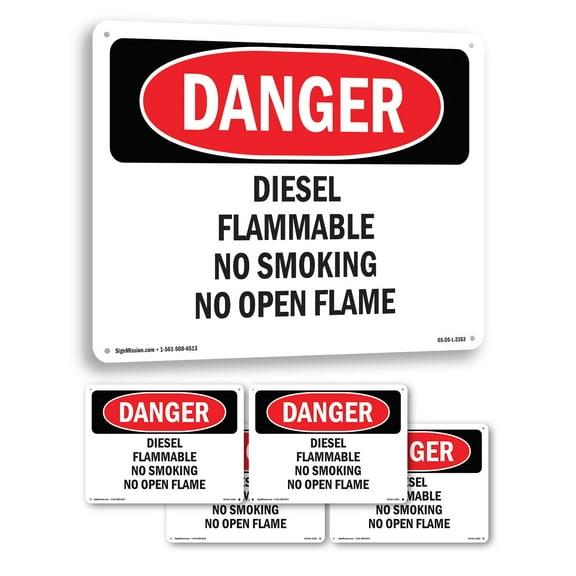 Diesel Flammable No Smoking No Open Flame OSHA Danger Rigid Plastic Sign 18 Inch x 12 Inch - 5 Pack